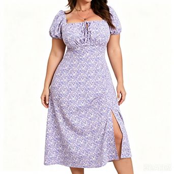 Women Plus Size Floral Dress Square Neck Waist Slimming Casual Floral Midi Dress