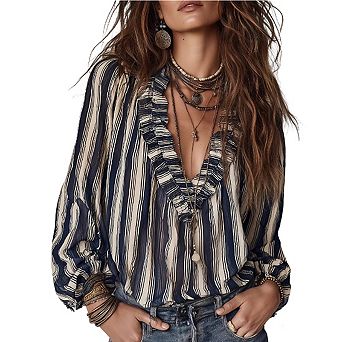 Women's Striped Ruffle V-Neck Blouse Long Sleeve Loose Fit Casual Boho Shirt