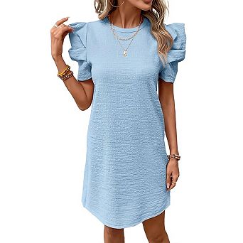 Women Summer Casual Ruffle Trim Round Neck Short Tunic Dress Short Sleeve Spring Fashion Outfits