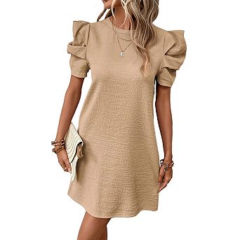 Women Summer Casual Ruffle Trim Round Neck Short Tunic Dress Short Sleeve Spring Fashion Outfits
