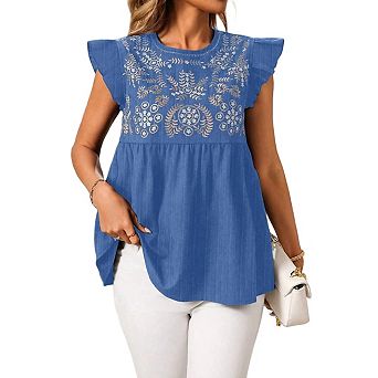 Heevina Tank Tops For Women Embroidered Crewneckruffle Fly Sleeve Shirts Casual Summer Going Out