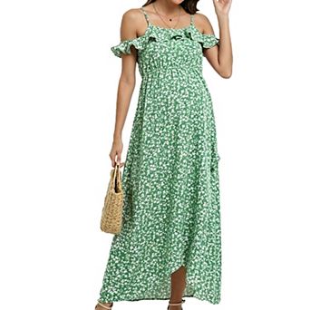 Women's Spaghetti Strap Ruffle Slit Maternity Maxi Dress Casual Pregnancy Long Dress