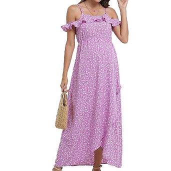 Women's Spaghetti Strap Ruffle Slit Maternity Maxi Dress Casual Pregnancy Long Dress