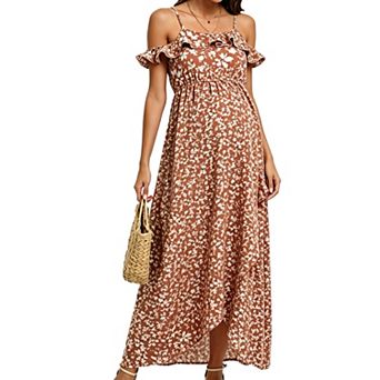 Women's Spaghetti Strap Ruffle Slit Maternity Maxi Dress Casual Pregnancy Long Dress