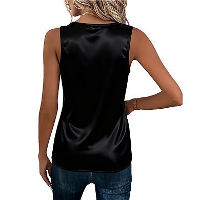Women's Metallic V-Neck Tank Top Front Sleeveless Casual Shiny Camisole