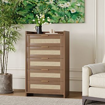 Rattan 5 Drawers Dresser for Bedroom, Chest of Drawers 46" Tall Dresser for Closet