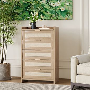 Rattan 5 Drawers Dresser for Bedroom, Chest of Drawers 46" Tall Dresser for Closet