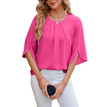 Women's Pleated Crew Neck Split Short Sleeve Chiffon Shirt Loose Summer Casual Top Boho Blouse