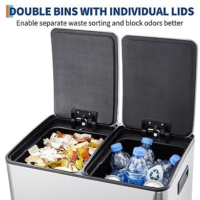 2 x 8 Gallon Dual Compartment Stainless Steel Trash Can, Step-on Recycling & Waste Bin with Buckets