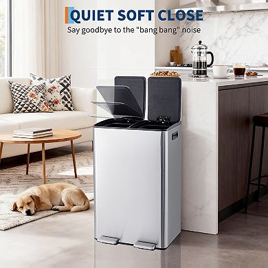 2 x 8 Gallon Dual Compartment Stainless Steel Trash Can, Step-on Recycling & Waste Bin with Buckets