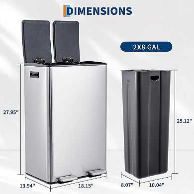 2 x 8 Gallon Dual Compartment Stainless Steel Trash Can, Step-on Recycling & Waste Bin with Buckets