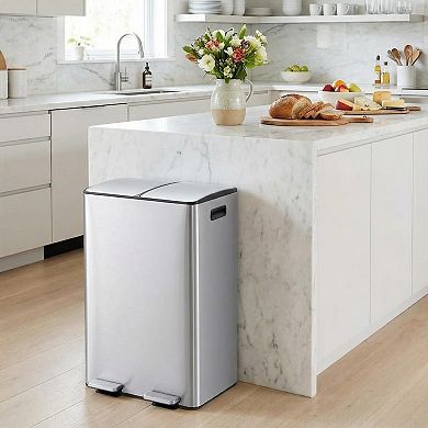 2 x 8 Gallon Dual Compartment Stainless Steel Trash Can, Step-on Recycling & Waste Bin with Buckets