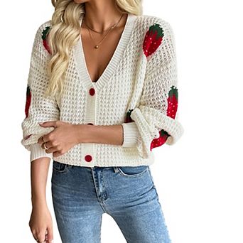 Women's Jacquard Knit Cardigan V Neck Button Down Cropped Sweater Jacket