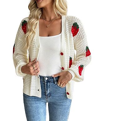 Women's Jacquard Knit Cardigan V Neck Button Down Cropped Sweater Jacket
