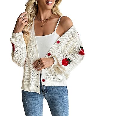 Women's Jacquard Knit Cardigan V Neck Button Down Cropped Sweater Jacket