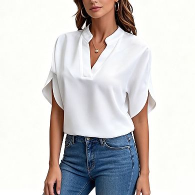 Women's Notch V-Neck Blouse, Batwing Short Sleeve Loose Fit Casual Office Top