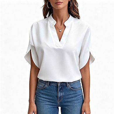 Women's Notch V-Neck Blouse, Batwing Short Sleeve Loose Fit Casual Office Top