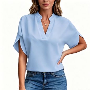 Women's Notch V-Neck Blouse, Batwing Short Sleeve Loose Fit Casual Office Top