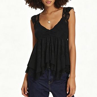 Women's Lace Peplum Cami Top, V-Neck Tie Back Cap Sleeve Floral Lace Flared Hem Blouse
