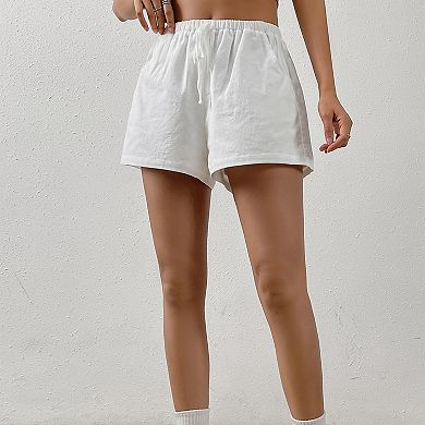 Women's Linen Wide Leg Shorts High Waisted Drawstring Casual Summer Shorts with Pockets