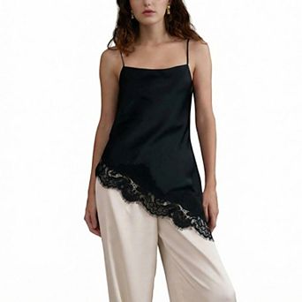 Women's Satin Lace Trim Cami Top, Square Neck Asymmetrical Hem Sleeveless Casual Blouse