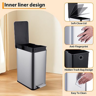 2.6 Gallon Slim Trash Can, Stainless Steel Kitchen Step-on Garbage Can with Removable Inner Bucket