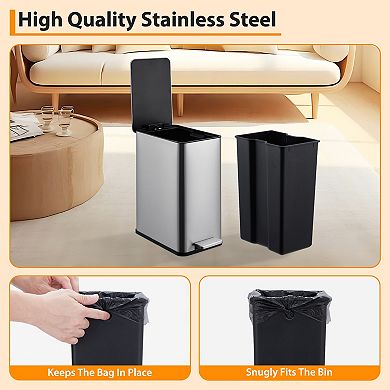 2.6 Gallon Slim Trash Can, Stainless Steel Kitchen Step-on Garbage Can with Removable Inner Bucket