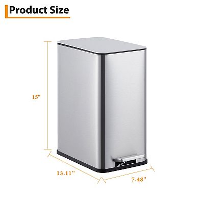 2.6 Gallon Slim Trash Can, Stainless Steel Kitchen Step-on Garbage Can with Removable Inner Bucket