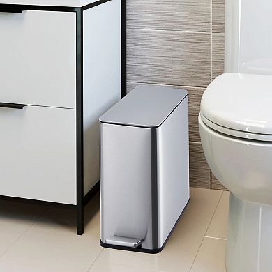 2.6 Gallon Slim Trash Can, Stainless Steel Kitchen Step-on Garbage Can with Removable Inner Bucket