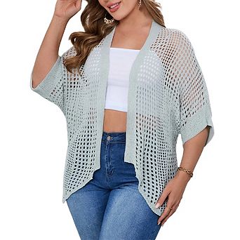 Women Plus Size Hollow Out Knit Lightweight Suitable for All Season Netted Crochet Cardigan Sweaters