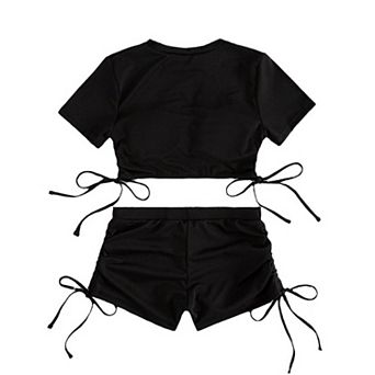 Ribbed Crop Top and High Waist Drawstring Shorts Women's Two-Piece Swimsuit