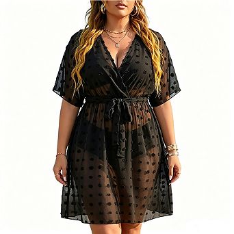 Plus Size Sheer Swiss Dot Beach Cover-Up Dress Wrap V-Neck with Belted Waist and Short Sleeves