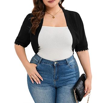 Plus Size Shrugs for Women 3/4 Sleeve Cropped Cardigan Knit Sweaters Open Front Bolero