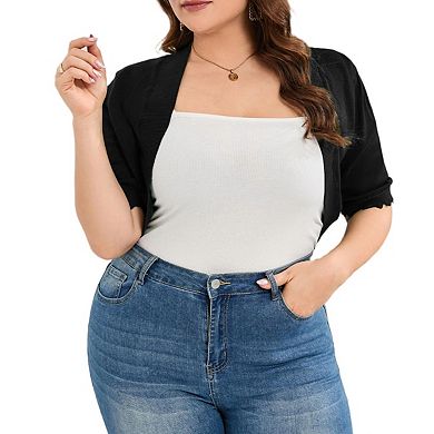Plus Size Shrugs for Women 3/4 Sleeve Cropped Cardigan Knit Sweaters Open Front Bolero