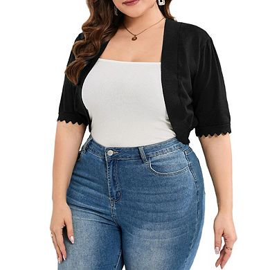 Plus Size Shrugs for Women 3/4 Sleeve Cropped Cardigan Knit Sweaters Open Front Bolero