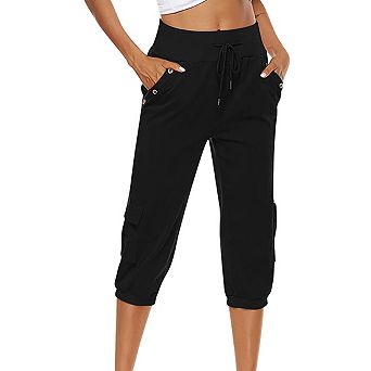 Women's High Waist Drawstring Cargo Pants Casual Elastic Jogger Cropped Trousers with Pockets