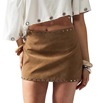 Women's High Waisted Faux Suede Studded Bodycon Mini Casual Skirt