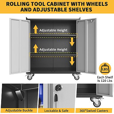 35" Metal Garage Storage Cabinet with Wheels, Lockable Steel Tool Chest, Adjustable Shelf & Handle