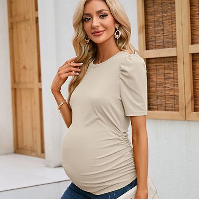 Women's Maternity Solid Color Short Sleeve Ruched Fitted Slim Elegant Soft Stretchy Casual Top