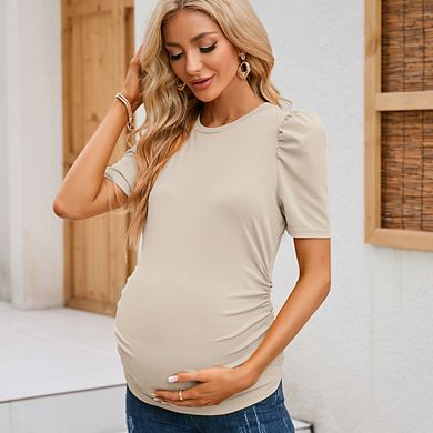 Women's Maternity Solid Color Short Sleeve Ruched Fitted Slim Elegant Soft Stretchy Casual Top