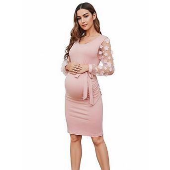 Maternity Dress Floral Long-Sleeve Mesh Paneled, Slim-Fit Round Neck Maternity Dress