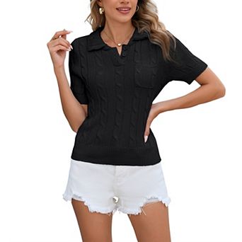Women's Cable Knit Polo Neck Short Sleeve Sweater Top Summer Fall Button Pocket Shirt Casual Blouse