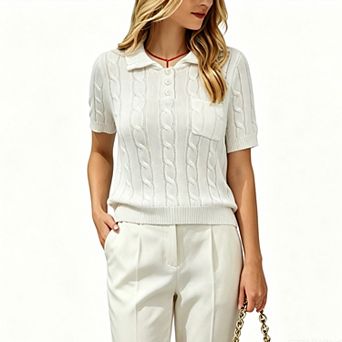 Women's Cable Knit Polo Neck Short Sleeve Sweater Top Summer Fall Button Pocket Shirt Casual Blouse