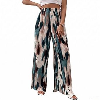 Women's High Waist Pleated Wide Leg Pants, Abstract Print Elastic Waist Casual Trousers