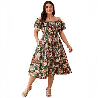 Women's Off The Shoulde Vintage Ruffle Floral Cocktail Party Dress with Puff Sleeves