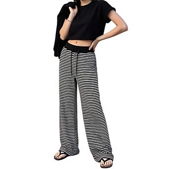 Women's High Waist Striped Wide Leg Casual Pants Drawstring Waist Stretchy Knit Trousers