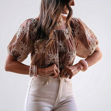 Women's Off-the-Shoulder Embroidered Blouse, Sheer Puff Sleeve Boho Top