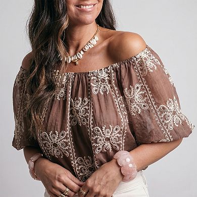 Women's Off-the-Shoulder Embroidered Blouse, Sheer Puff Sleeve Boho Top