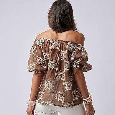 Women's Off-the-Shoulder Embroidered Blouse, Sheer Puff Sleeve Boho Top