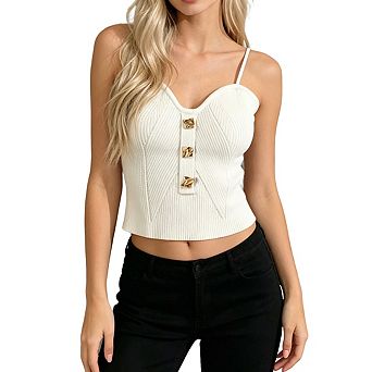Womens Ribbed Knit Sweetheart Neck Crop Cami Top Decorative Buttons Tops